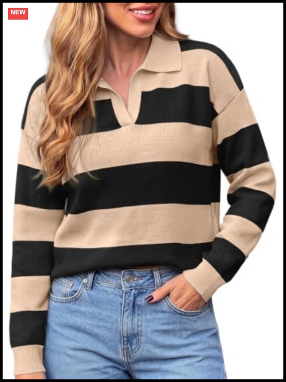 Lightweight Oversized Striped Knit Sweater Pullover Polo Collar